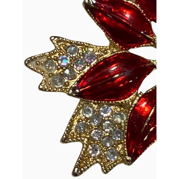 Red Enamel Crystal Flower Brooch Gold Tone vintage - Picture 4 of 7